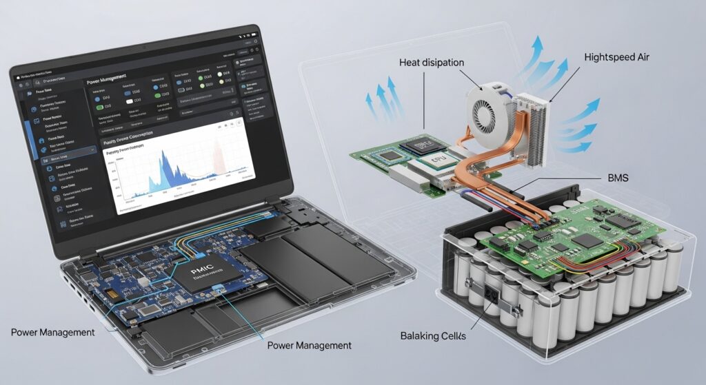 ノートパソコンの電源管理ソフト、バッテリーセル、放熱設計
