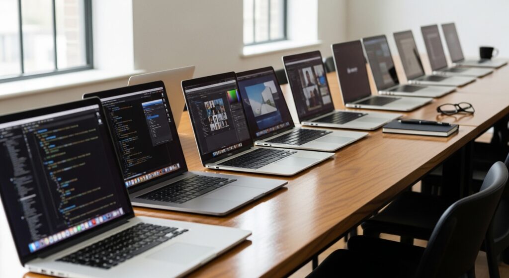 ノートパソコンがデスクに並んでいる。