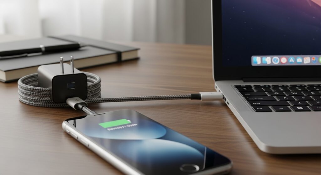 ノートPCのUSB‑C ケーブルをスマホ用に代用する画像