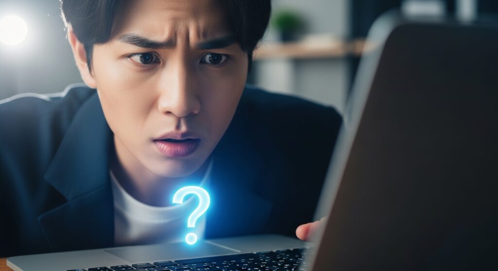 ノートパソコンを見ながら入力トラブルに困惑する日本の若い人。