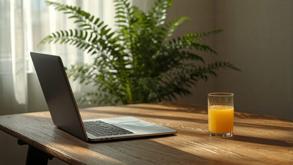 デスクの上にあるノートパソコンとジュース