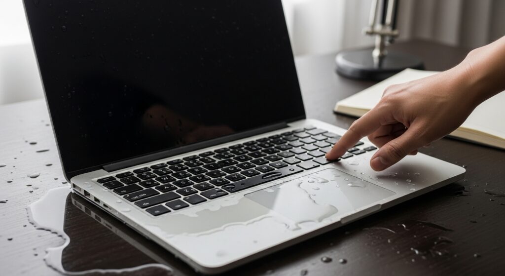 水をこぼしたあとはノートパソコンの電源を切る
